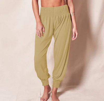 Casual Loose Trousers Solid Color Sports Yoga Ankle Banded Pants Women Khaki - Shop at LoveMi
