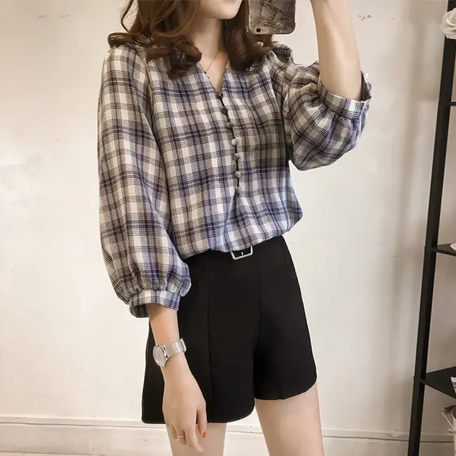 Korean Style Loose Lantern Sleeve Plaid Shirt Blue - Shop at LoveMi