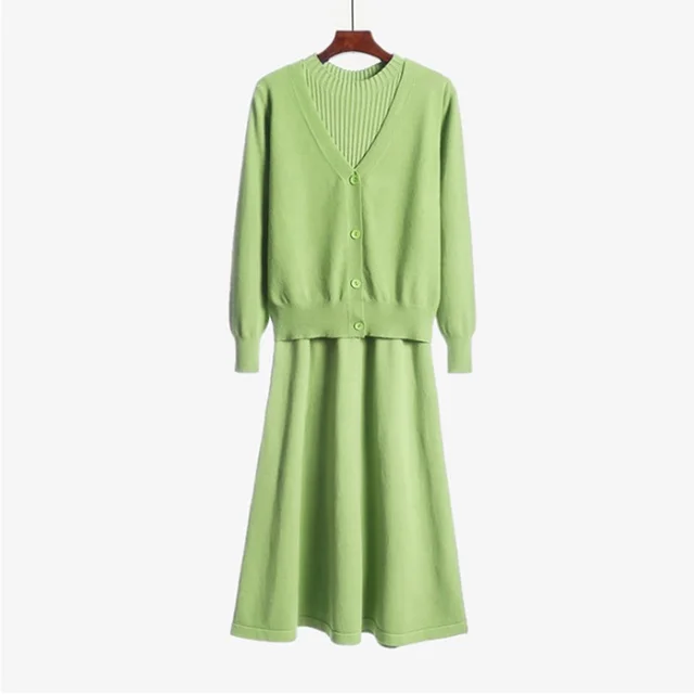 Mid length Knitted Dress Suit Cardigan Woolen Skirt Two piece Set Green - Shop at LoveMi