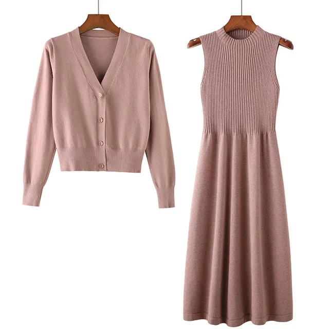 Mid length Knitted Dress Suit Cardigan Woolen Skirt Two piece Set Pink - Shop at LoveMi