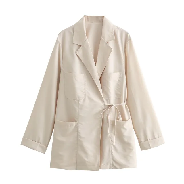 European And American Style Double Breasted Vertical Coat High Waist Straight leg Pants Beige Coat - Shop at LoveMi