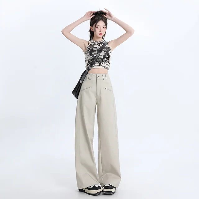 Fashion Personality Wide leg Casual Pants Women Beige Trousers - Shop at LoveMi