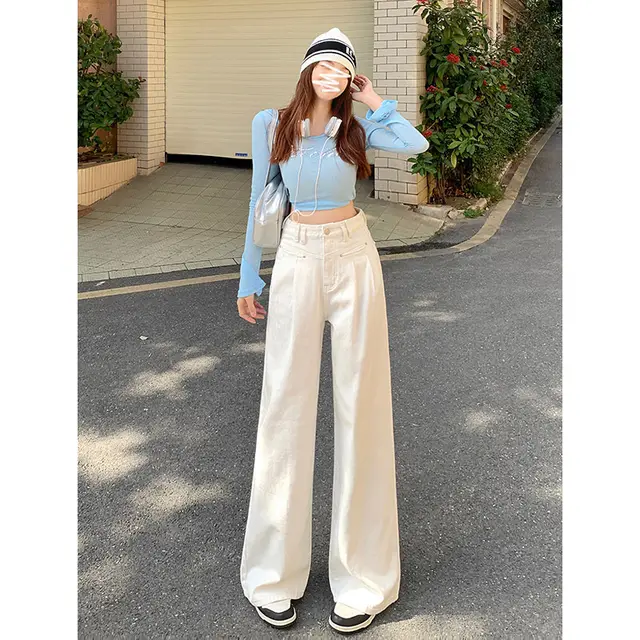 Autumn New Wide Leg Jeans For Women Beige Lengthened - Shop at LoveMi