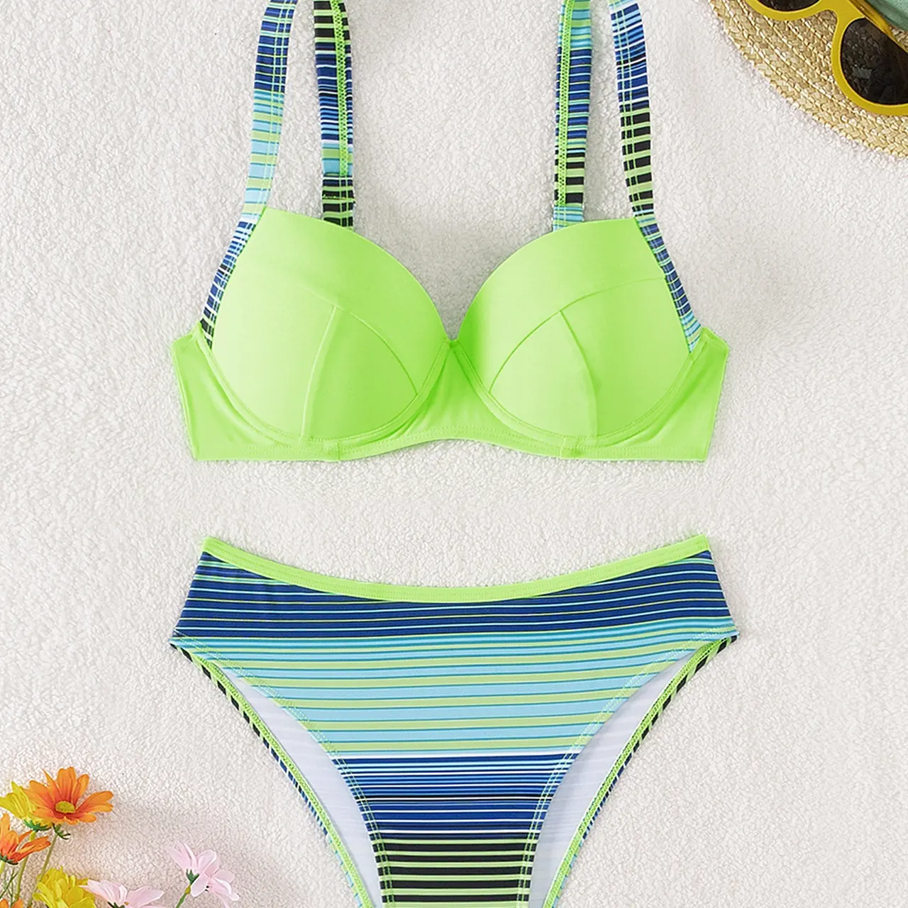 Striped Printed Split Bikini Swimsuit For Women - Blue & Green Stripes Colors - View 1