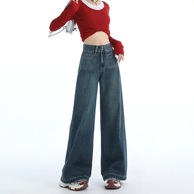 Women's American style Retro Loose Wide Jeans 71824 Dark Blue Pants - Shop at LoveMi