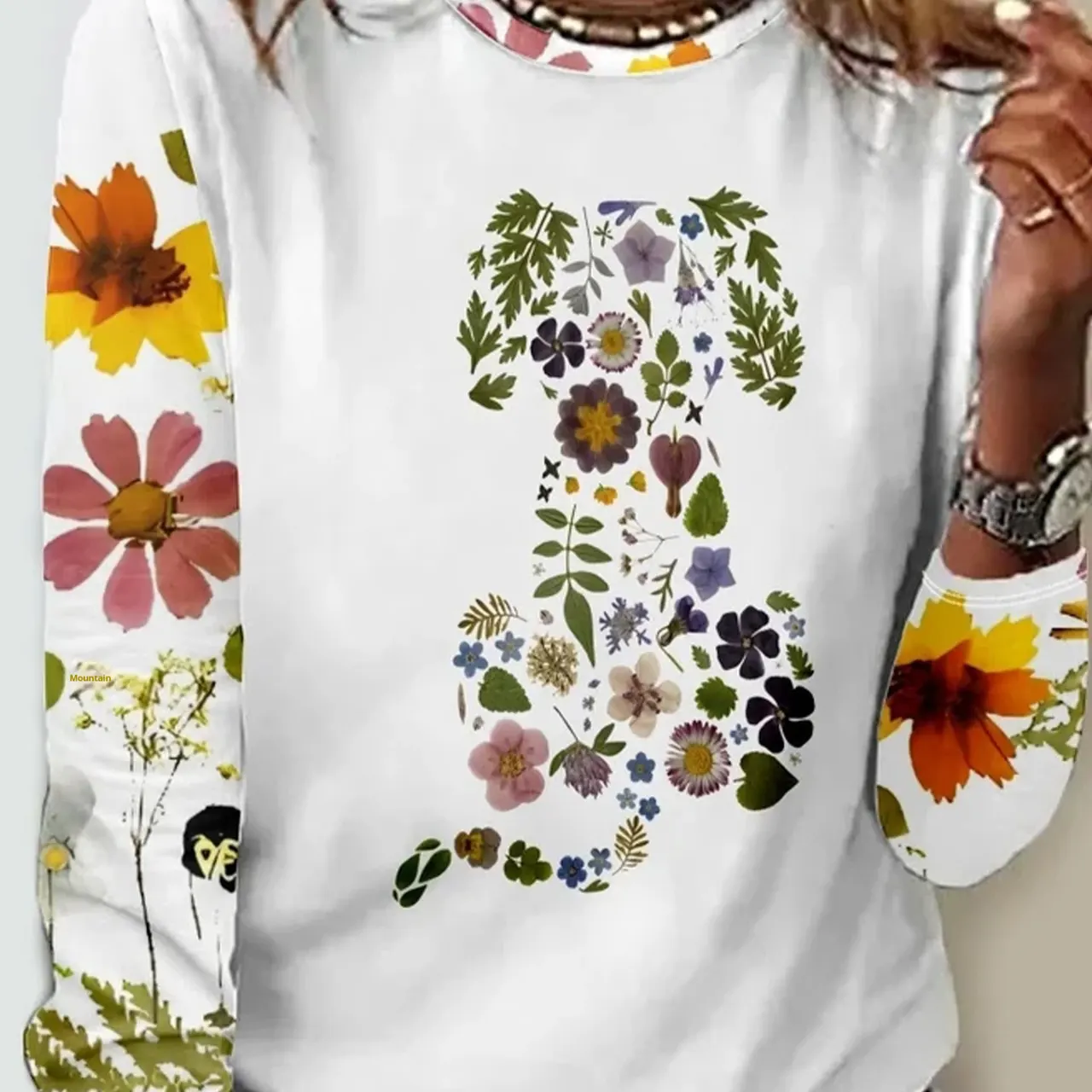 Women's Pullover Floral Printed Round Neck Long Sleeve T-shirt - Floral Sleeve