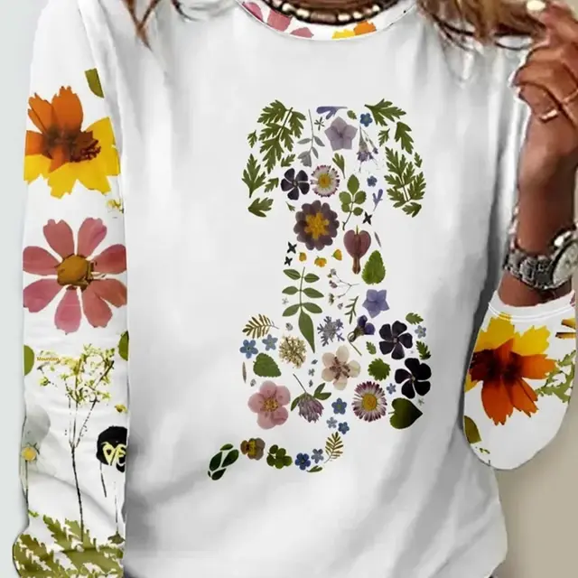 Women's Pullover Floral Printed Round Neck Long Sleeve T shirt Floral Sleeve - Shop at LoveMi