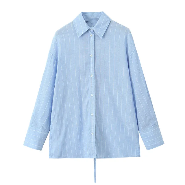 Striped Lapel Long Sleeve Short Casual Pants Suit Women Blue Shirt - Shop at LoveMi