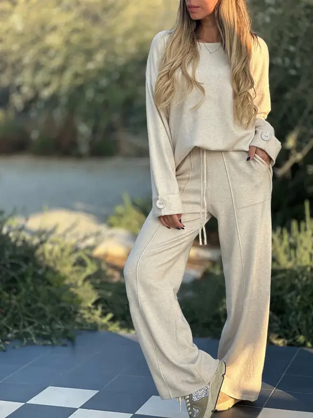 European And American Fashion Casual Set Solid Color Long sleeve Suit Wide Leg Pants Beige - Shop at LoveMi