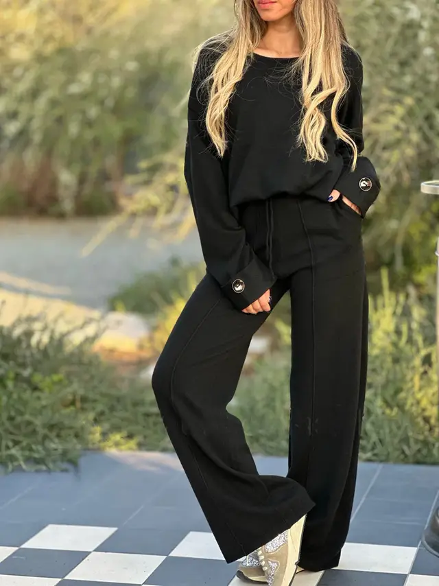 European And American Fashion Casual Set Solid Color Long sleeve Suit Wide Leg Pants Black - Shop at LoveMi