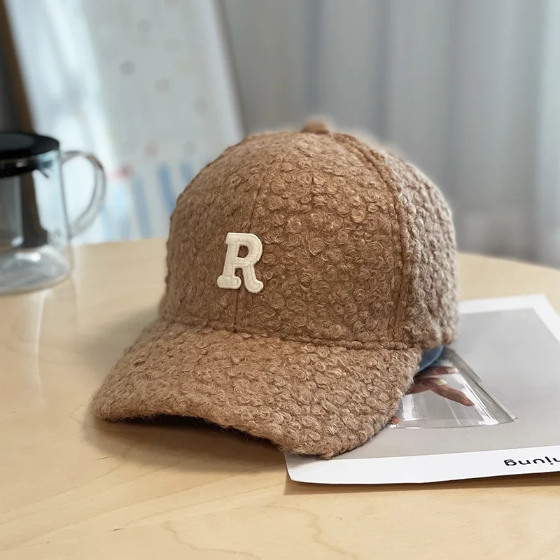 Winter Thick Lambskin Furry Large R Letter Baseball Cap - Deep Khaki