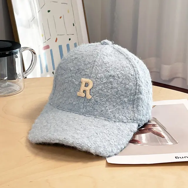 Winter Thick Lambskin Furry Large R Letter Baseball Cap Light Blue - Shop at LoveMi