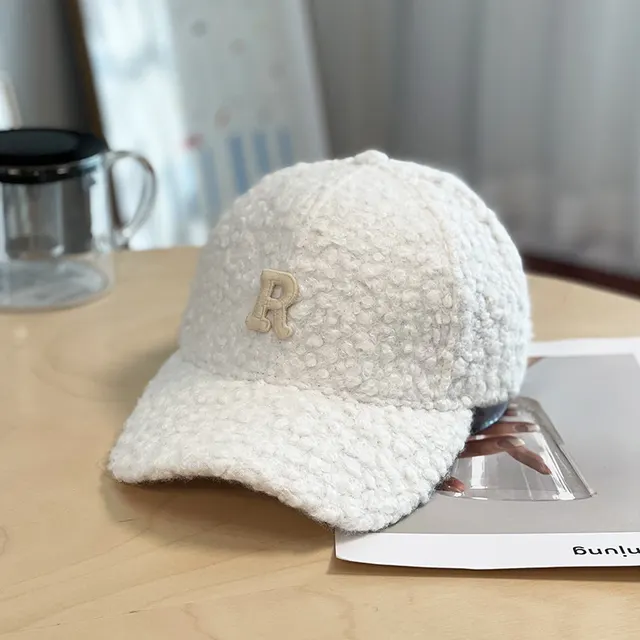 Winter Thick Lambskin Furry Large R Letter Baseball Cap White - Shop at LoveMi