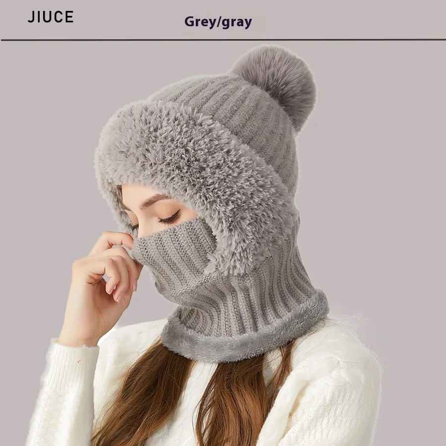 High Elastic Solid Color Knitted Hat Scarf Mask One piece Gray - Shop at LoveMi