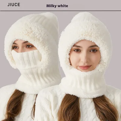 High Elastic Solid Color Knitted Hat Scarf Mask One piece Milky White - Shop at LoveMi