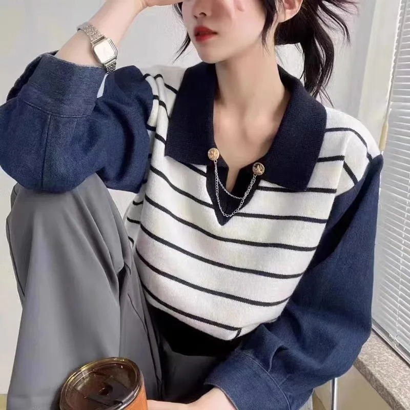 Women's Denim-sleeve Knitted Sweater - White