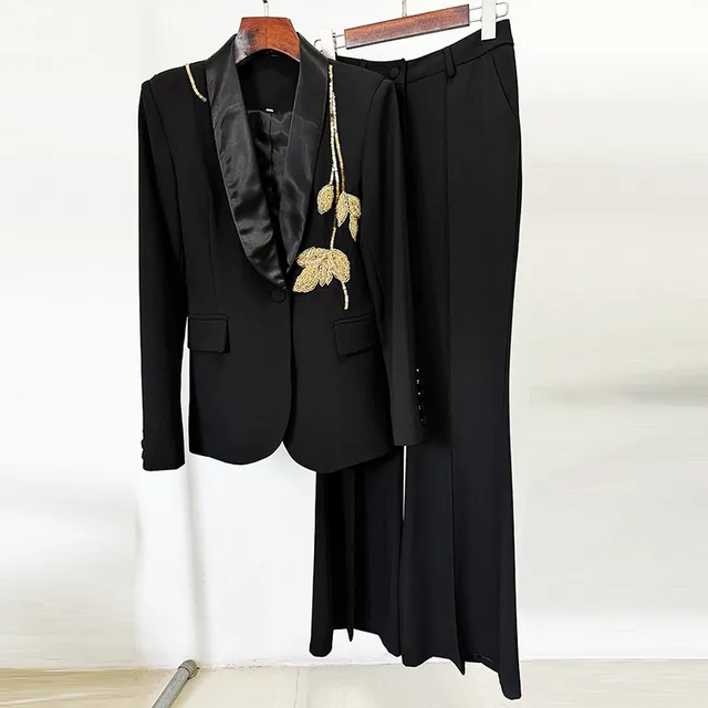 Beaded Slim Suit Flared Pants Two piece Suit Black - Shop at LoveMi