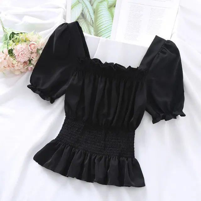 Summer New Design Sense Short Puff Sleeve Chiffon Shirt Women's Short Sleeve Square Collar Top Black - Shop at LoveMi