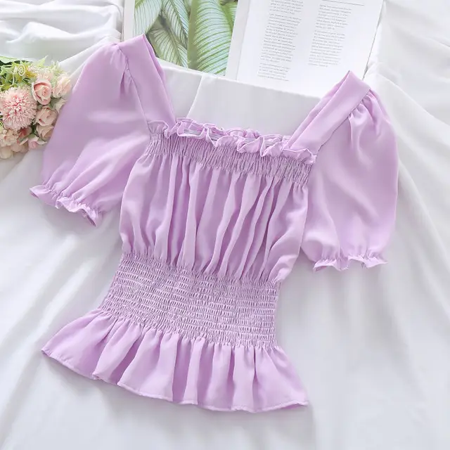 Summer New Design Sense Short Puff Sleeve Chiffon Shirt Women's Short Sleeve Square Collar Top Purple - Shop at LoveMi