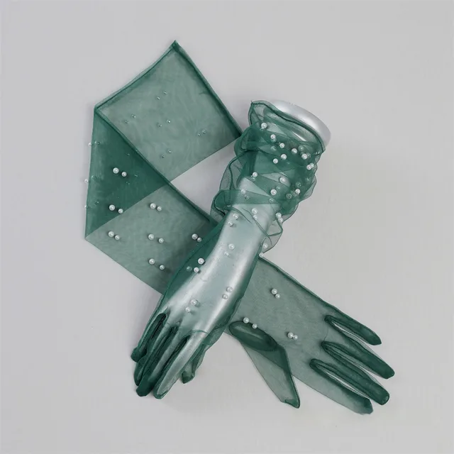 Summer Thin Bridal Pearl Mesh Gloves Dark Green With Finger - Shop at LoveMi
