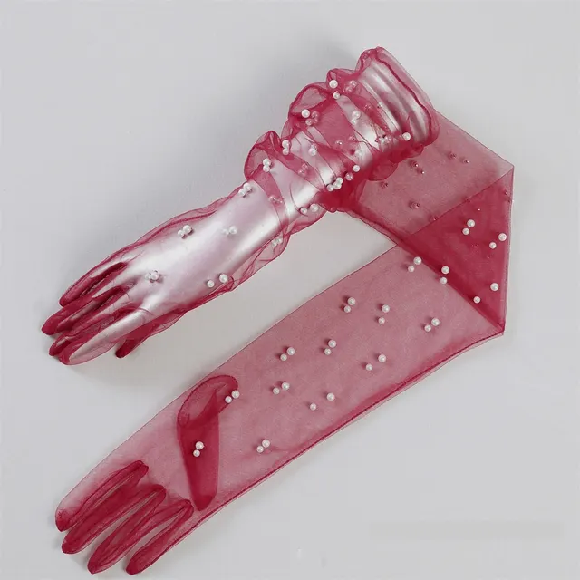 Summer Thin Bridal Pearl Mesh Gloves Wine Red Finger - Shop at LoveMi