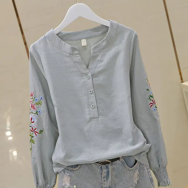 V neck Embroidery Pleating Long Sleeve Cotton Shirt Fashion Embroidered Top Bean Green - Shop at LoveMi