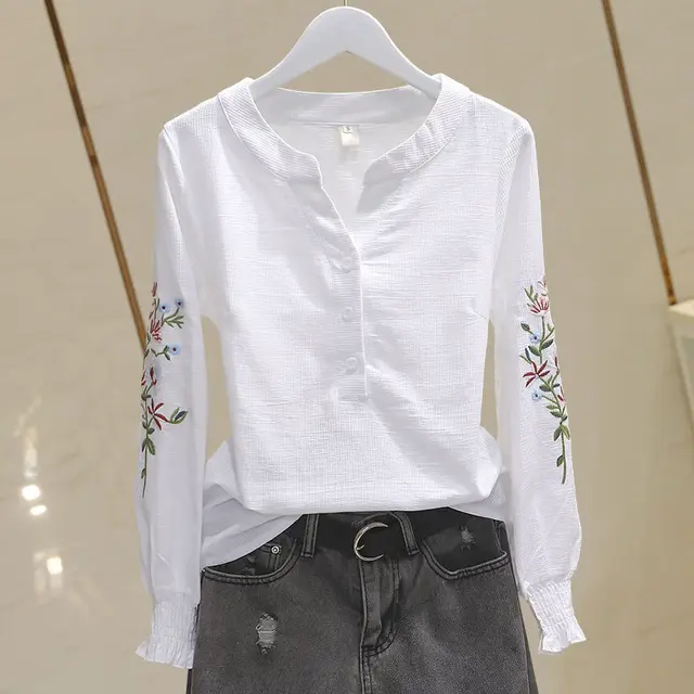 V neck Embroidery Pleating Long Sleeve Cotton Shirt Fashion Embroidered Top White - Shop at LoveMi