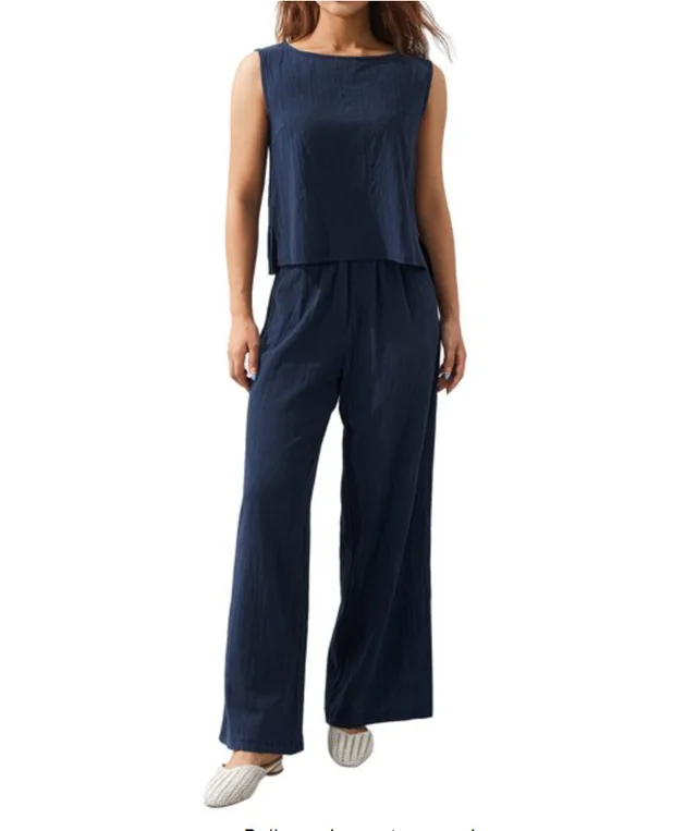 Casual Long Sleeve Loose Cotton Suit Women Dark Blue - Shop at LoveMi