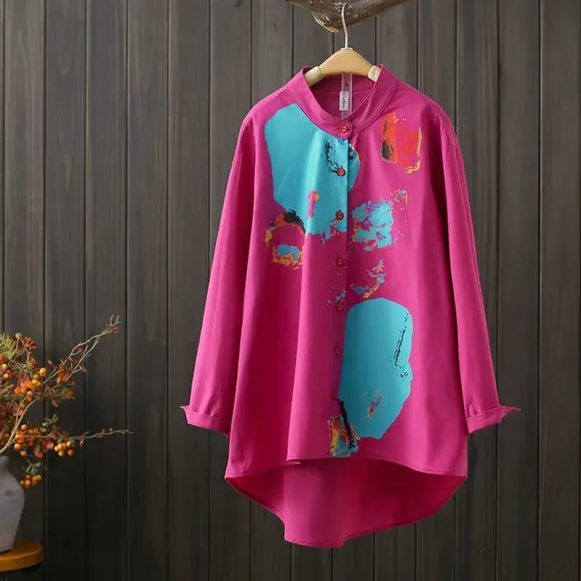 Asymmetric Mid length Cotton Linen Round neck Shirt Rose Red Printing - Shop at LoveMi
