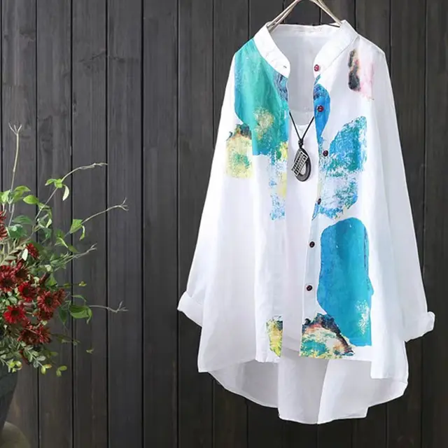 Asymmetric Mid length Cotton Linen Round neck Shirt White With Printed Pattern - Shop at LoveMi