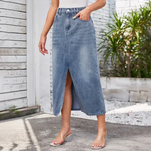 Washed Elastic Waist Split Denim Midi Dress Blue - Shop at LoveMi