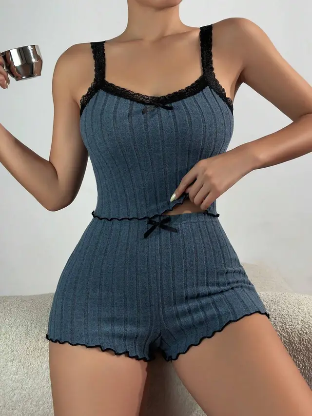 Lace Trim Suspender Shorts Fleece Sunken Stripe Homewear Dark Blue - Shop at LoveMi