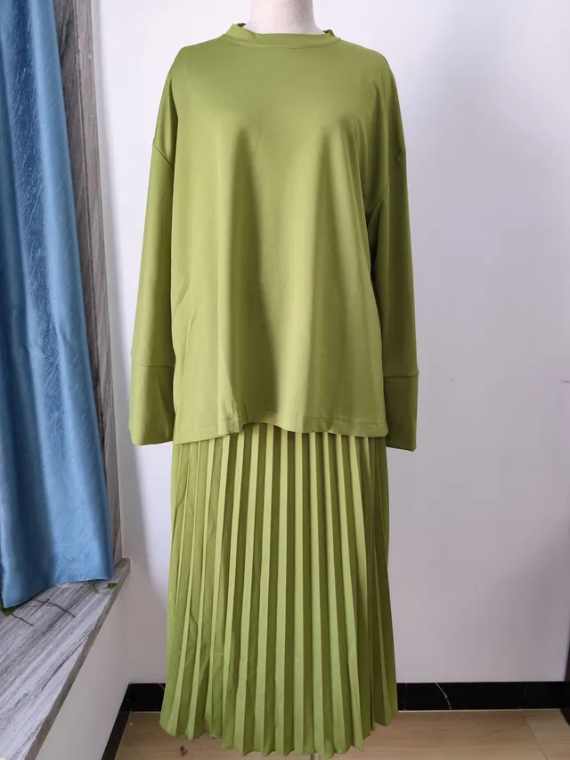 Round Neck Loose Casual Top Retro Temperament Skirt Suit Yellow Green - Shop at LoveMi