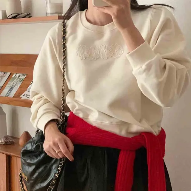 Round Neck Embroidered Flower Design Loose All match Long Sleeve Pullover Hoodie Gray - Shop at LoveMi