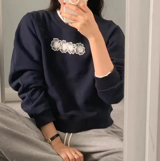 Round Neck Embroidered Flower Design Loose All match Long Sleeve Pullover Hoodie Navy Blue - Shop at LoveMi