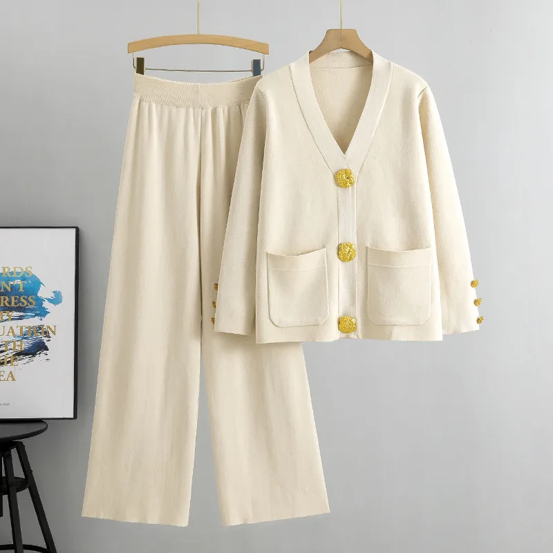 Casual Fashion Metal Buckle Knitted Cardigan Suit - Apricot