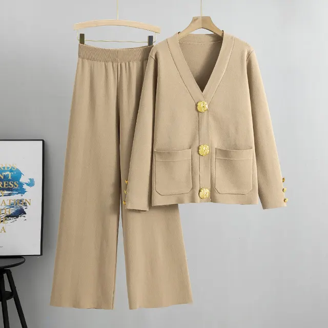 Casual Fashion Metal Buckle Knitted Cardigan Suit Khaki - Shop at LoveMi