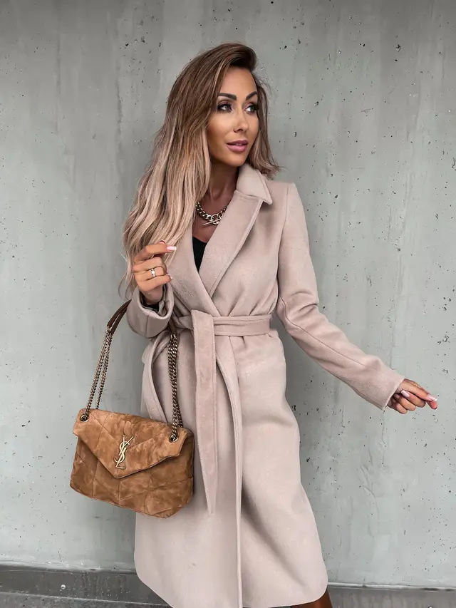 Woolen Coat Simple Fashion V neck Lace Up Long Coat For Women Apricot - Shop at LoveMi
