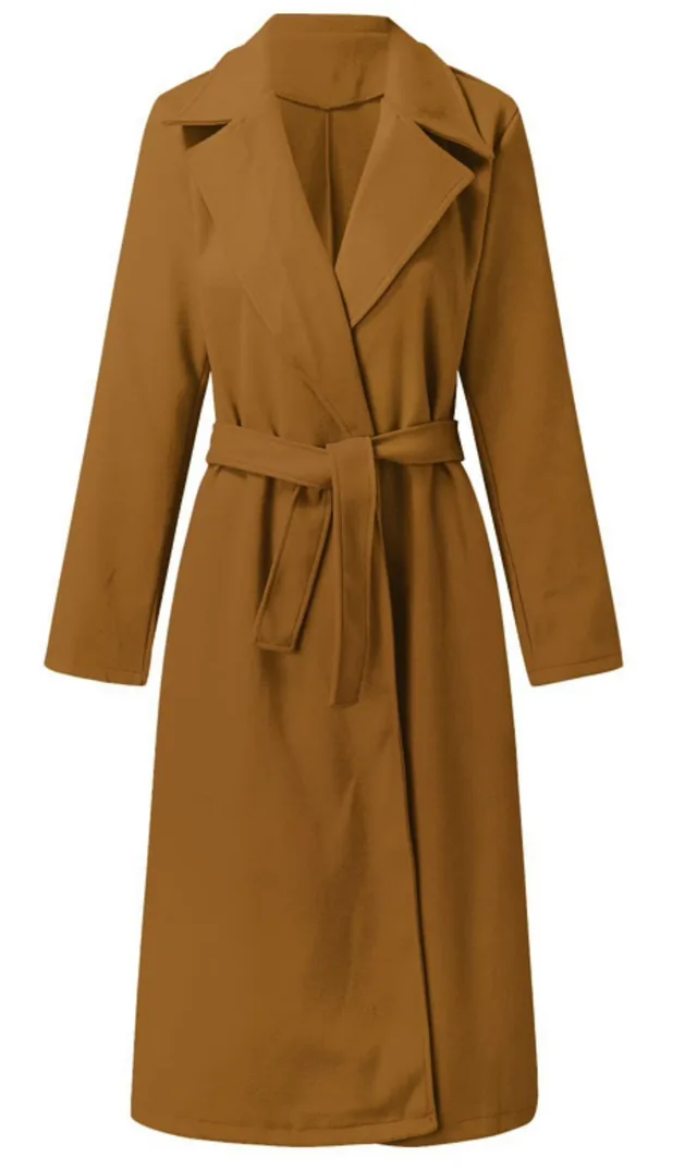 Woolen Coat Simple Fashion V neck Lace Up Long Coat For Women Dark Brown - Shop at LoveMi
