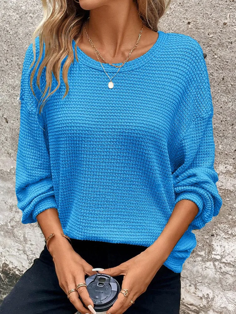 Waffle Round Neck Drop shoulder Long sleeve Solid Color Top Sapphire Blue - Shop at LoveMi