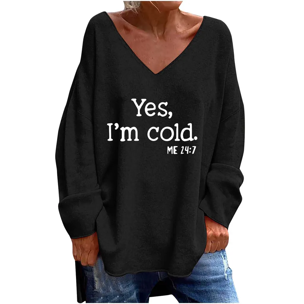 Women's Solid Colour And V-neck Loose Casual Long Sleeves Top - Black Yes