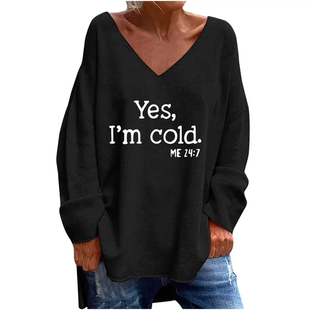 Women's Solid Color And V neck Loose Casual Long Sleeves Top Black Yes - Shop at LoveMi