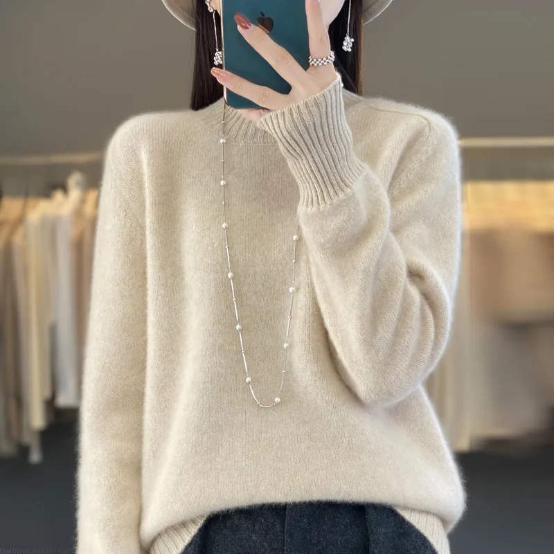 Women's Half Turtleneck Keep Warm Pure Color Cashmere Raw Velvet Rice - Shop at LoveMi