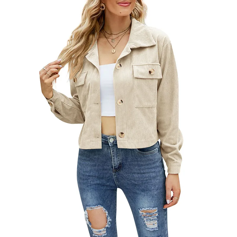 Women's Casual Long sleeved Short Coat Corduroy Shirt Apricot - Shop at LoveMi