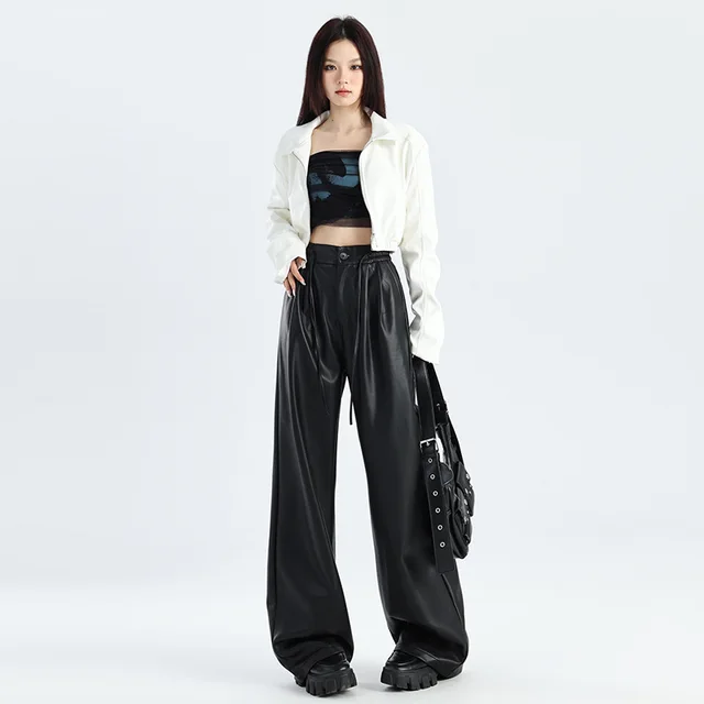 Retro Coffee Color Leather Pants Women's PU Pleated Straight Wide leg Pants Black - Shop at LoveMi