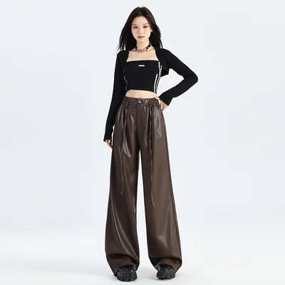 Retro Coffee Color Leather Pants Women's PU Pleated Straight Wide leg Pants Coffee - Shop at LoveMi