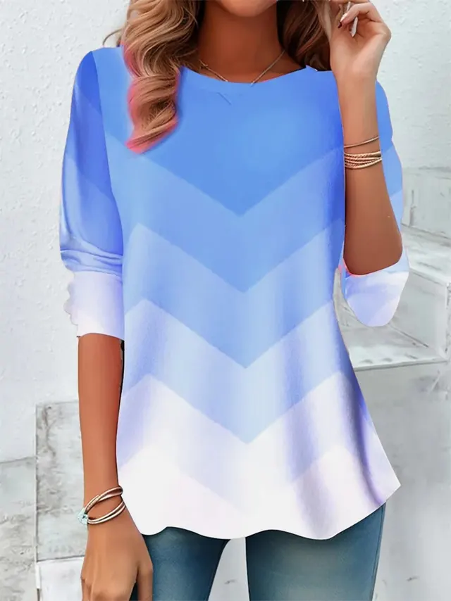 European And American Round Neck Long Sleeve Striped Tie dye Temperament Leisure T shirt Top Blue - Shop at LoveMi