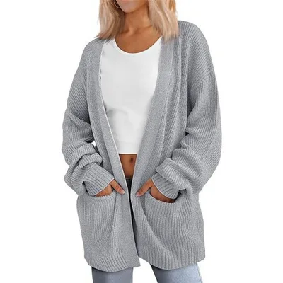 Solid Color Loose Knitted Pocket Sweater Coat Gray - Shop at LoveMi