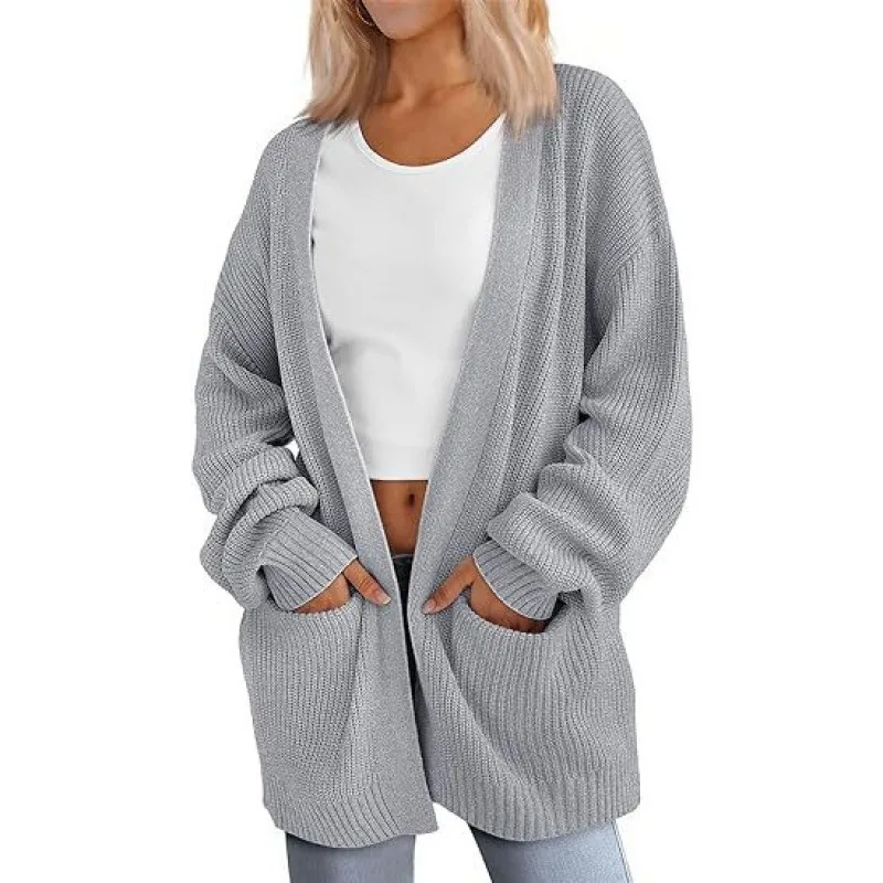 Solid Color Loose Knitted Pocket Sweater Coat - Gray