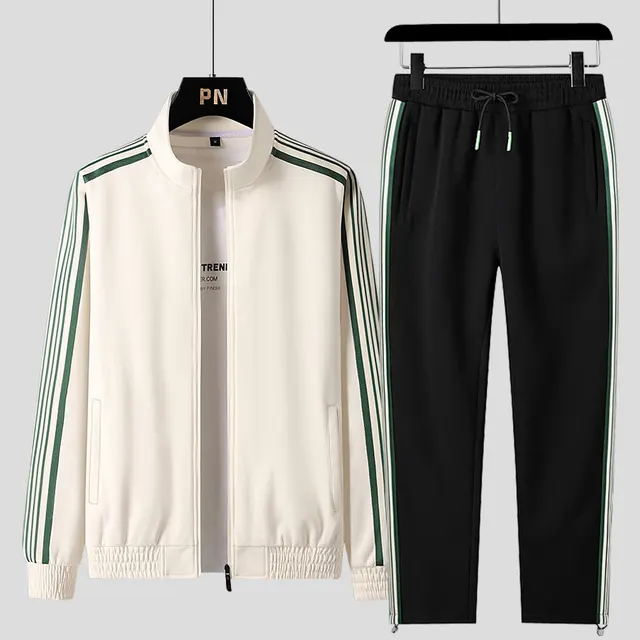 Stand Collar Loose Casual Three Bars Sports Suit White Green Stripes - Shop at LoveMi